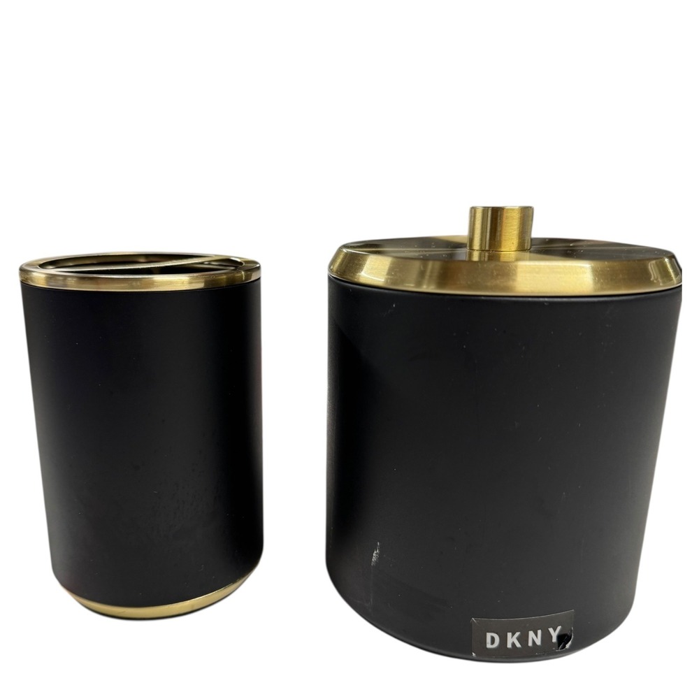 DKNY Bathroom Set Vanity Organizer Toothbrush Holder Canister Black &‎ Gold